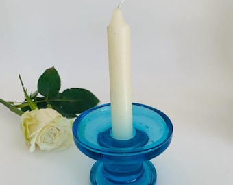 Vintage Aqua Glass Dual Pillar & Taper Pedestal Candle Holder -  Turquoise Glass Candle Holder, Coastal Beach Decor