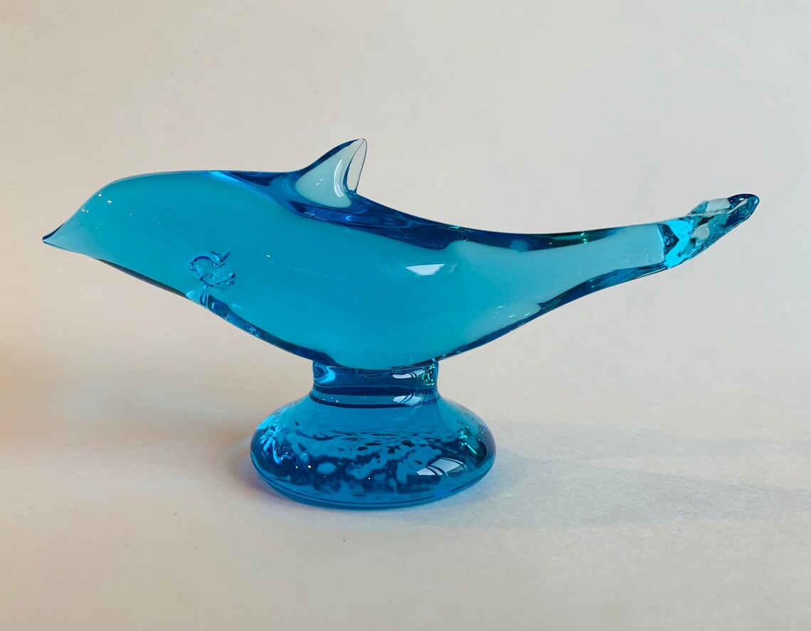 Vintage Blue Glass Dolphin Paperweight Figurine Heavy Clear Etsy