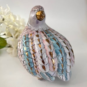 Vintage Ceramic Quail Figurine - Mid Century Hand-Painted Partridge, Quail, Bird in Pastel Colors with Gold Accents
