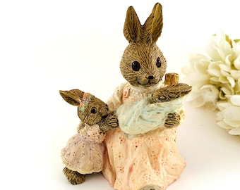 Vintage Bunny Mom Little Girl & Baby Figurine  - Mervyns 1993 Bunny Rabbits Resin Figurine  - Baby Shower, New Mom Gift, Easter Spring Decor