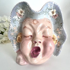 Vintage Baby Face Pitcher, Creamer  - Helen Hutula Baby Blue Bonnet Tat L Tale Pitcher -  1940s Helen’s Ware Tat L Tale Baby