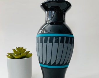 Vintage Kopa Black & Turquoise Geometric Pottery Flower Vase - Signed Hand Painted Native American Design Vase Made in Arizona