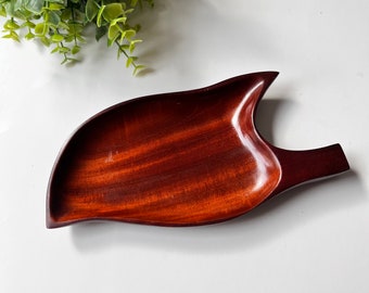 Vintage Mahogany Leaf Shaped Tray - Mid Century Wooden Tray Handmade in Haiti