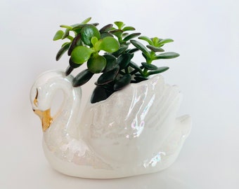 Vintage  Swan Planter, Vase, Candy Dish or Jewelry Holder  -  Vintage White Iridescent Lusterware  Swan-  Made in Taiwan