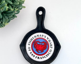 Mini Cast Iron Skillet Ashtray Coaster, Fisherman's Wharf San Francisco Souvenir, Cast Iron Skillet With Ceramic Tile, Nautical Crab Decor