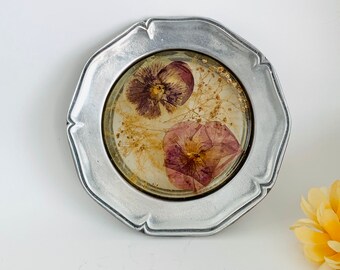 Vintage Colorflo Pewter & Lucite Tray With Dried Flowers - Decorative Tray - Wall Decor