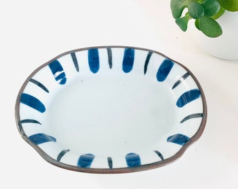 Vintage Cobalt Blue & Brown Stripes Porcelain Pin Dish - Trinket Dish, Jewelry, Key Holder or Soap Dish