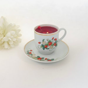 Vintage Avon Strawberry Porcelain Demi-Cup and Saucer With Strawberry Fragrance Candle - 1978 Strawberry and Cream Pattern