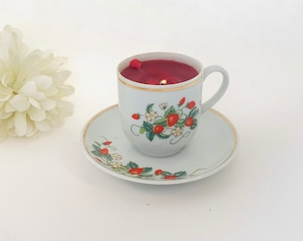 Vintage Avon Strawberry Porcelain Demi-Cup and Saucer With Strawberry Fragrance Candle - 1978 Strawberry and Cream Pattern