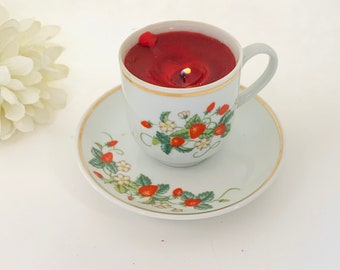 Vintage Avon Strawberry Porcelain Demi-Cup and Saucer With Strawberry Fragrance Candle - 1978 Strawberry and Cream Pattern