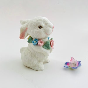 Vintage White Bisque Ceramic Bunny With Flower Garland - Easter Cute Bunny Rabbit Figurine Made By Current Inc in Taiwan
