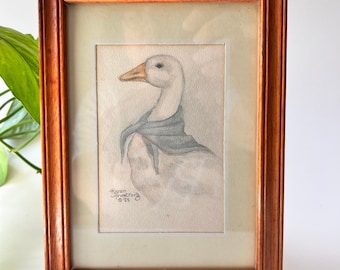 Vintage Signed Karen Armstrong Goose Print - Framed White Goose With Blue Scarf Signed Print 1985