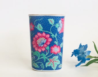 Vintage Flower Vase - Otagiri Interlude  Design - Fraser Collection - Blue Oval Vase - Cobalt Blue with Pink Flowers