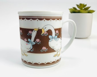 Vintage Porcelain Coffee Tea Mug -  Blue Ribbon Goose Mug With Brown Details & Pink Flowers - Made in Japan