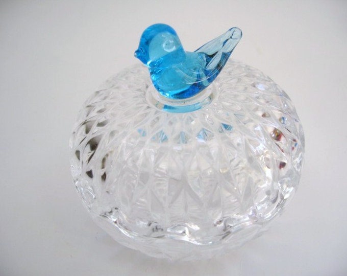 Glass Vanity Jewelry Trinket Box With Blue Bird Titan Made in USA