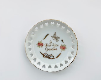 Vintage Porcelain Dish With Heart Cut-outs ' I Love You Grandma ' -  Made in Japan