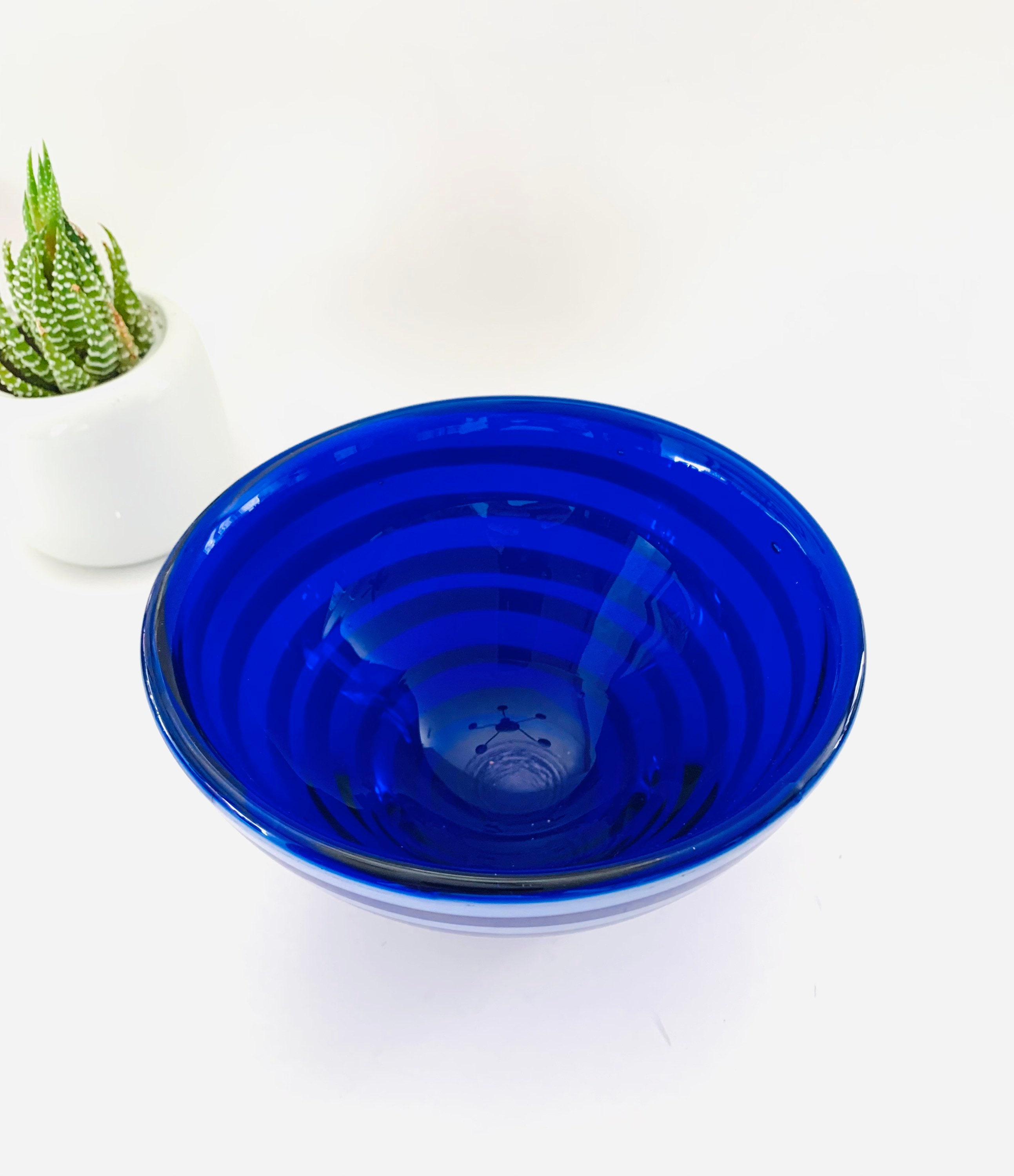 Vintage Cobalt Blue Candy Dish Blue and White Stripes Glass Bowl Glass