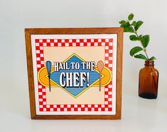 Vintage Red & White Checkered  Border Trivet, Pot Holder With Wooden Frame -  Hail To The Chef!  - Kitchen Wall Decor