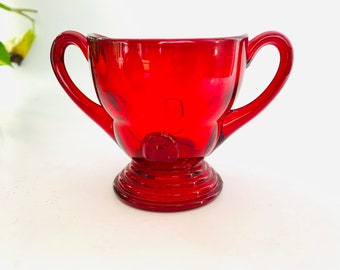 Ruby Red Glass Footed Open Sugar Bowl w/ Handles - New martinsville Moondrops Depression Glass