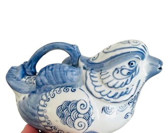 Vintage Blue & White Bird Teapot, Hand Painted Porcelain Made in China, Mandarin Duck Pitcher, Phoenix Chinoiserie Decor