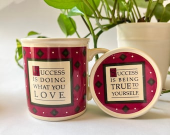 Vintage Coffee Mug Cup with Lid Coaster - Hallmark Mug Mates Success Is Doing What You Love - Success Is Being True To Yourself Coffee Mug