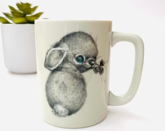 Vintage Otagiri Green Eyed Bunny Rabbit With Clover Coffee Mug - Gray Ceramic Mug Made by Otagiri Designed Gibson Greeting Cards Bunny Mug