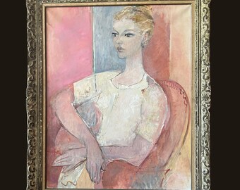 Reserved for GK - Original Mid Century French Painting Blonde Woman Sitting on Chair, in Brushstroke Pastel Color Palette