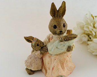 Vintage Bunny Mom Little Girl & Baby Figurine  - Mervyns 1993 Bunny Rabbits Resin Figurine  - Baby Shower, New Mom Gift, Easter Spring Decor