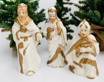 Vintage Three Wise Men White Nativity  - White Porcelain with Gold Accents Nativity Pieces