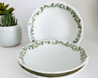 Vintage Fruit or Dessert Bowls -  Bassett Limoges Austria White Porcelain Small Bowls With Green Scrolls - Set of Three Bowls