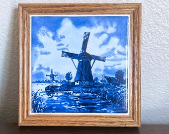 Vintage Delft Blue Windmill Framed Ceramic Tile , Dutch Art Trivet or Wall Decor