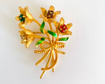 Vintage Mylu Flower Bouquet Gold Tone Brooch - Mylu Four Rhinestone Brooch - Rhinestone Flower Pin