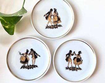 Vintage Porcelain Coasters - Konig Porzellan Set of Three Coasters - Silhouette Courting Couple Coasters - Black White Gold Couple - Germany