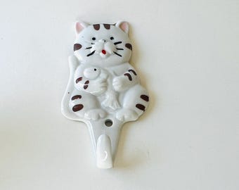 Cat wall hook  - White Ceramic Cat Wall hook- White cat holding a fish wall hook