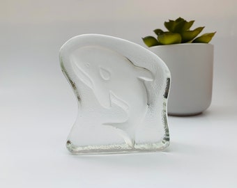 Vintage Glass Ice Block Whale Paperweight - Frosted Etched Whale Decoration - Nautical Beach Decor - Ocean Themed Glass Art