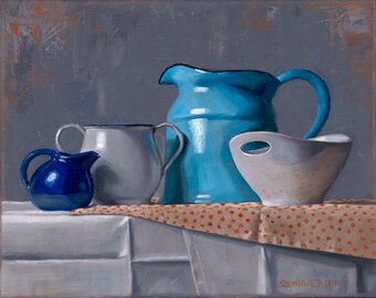 Blue pitcher still life print on canvas or paper