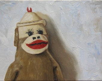 Sock Monkey giclee art print on canvas 5"x7"  whimsical nursery art