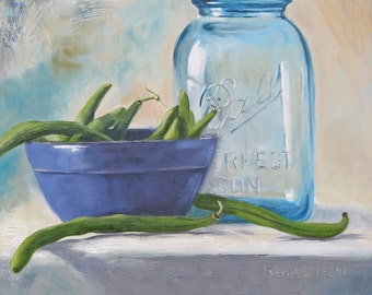 Blue Ball Jar and green beans canning giclee kitchen art print on canvas 9"x12"