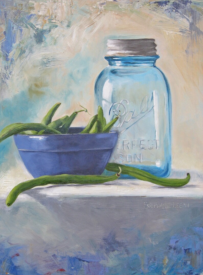 Blue Ball Jar and green beans canning giclee kitchen art print on canvas 9x12 image 1