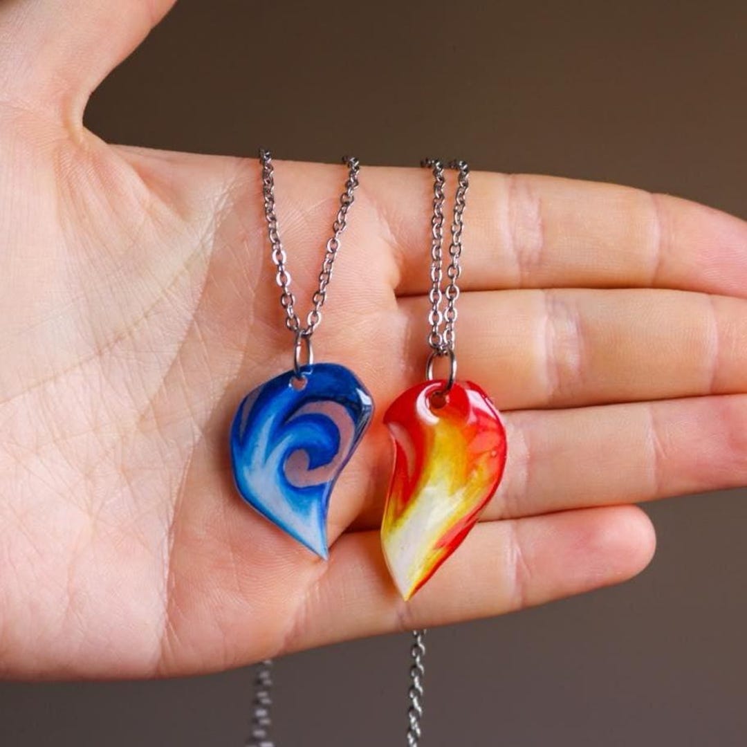 Fire and Water Best Friend Necklaces Set, Matching Couple Heart ...