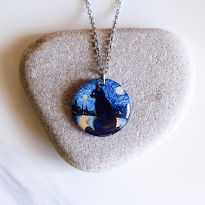 Black Cat Starry Night Necklace - Van Gogh Art Resin Pendant
