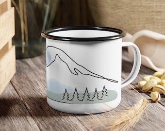 Mount Rainier Enamel Camp Mug, Minimalist Mountain Art, Hiking Gift
