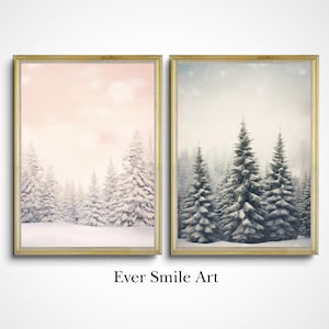 Set di 2 dipinti di foreste di pini invernali in stile vintage, download digitale, sereno paesaggio innevato, regalo d'arte per gli amanti dell'inverno e della neve, pittura a olio