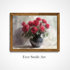 Printable Vintage Red Roses Flower Painting Digital Download Gift for Her Wall Decor Vintage Oil Painting Gift for Art and Flower Lovers