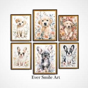 6枚セット 印刷可能な子供部屋用犬のウォールアート かわいい子犬のプリント 保育園の装飾 デジタルダウンロード 子供部屋の装飾 動物アート 子犬のウォールアートプリント