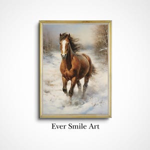 Wild paard muurkunst digitale download winters tafereel bruin paard print paard kamer decor paardensport Home decor stabiele kunst paardenliefhebber cadeau kunst