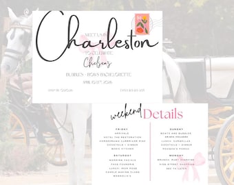 May include: A white and pink invitation suite for a bachelorette party in Charleston. The main invitation features elegant script with the city name and event details. A separate card lists weekend details, including activities and times.