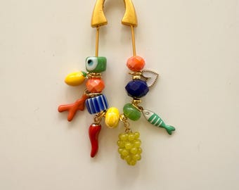 Aperol Spritz Summer Charm Safety Pin Charm | Colorful Evil Eye, Lemon & Chili Charms | Hangs Vertically  | Mediterranean Style