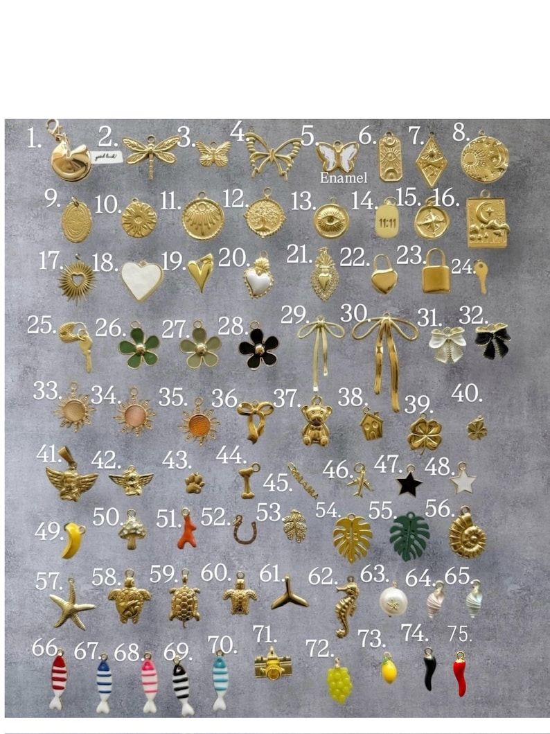 May include: A collection of gold-toned charms with various designs, including butterflies, hearts, stars, and bows. Some charms have enamel details. The image includes charms with the text "Enamel" and "11:11".