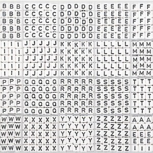 May include: A white plastic organizer filled with small, square letter tiles. The tiles have black uppercase letters and numbers. The letters are arranged alphabetically in rows and columns, ideal for crafting.